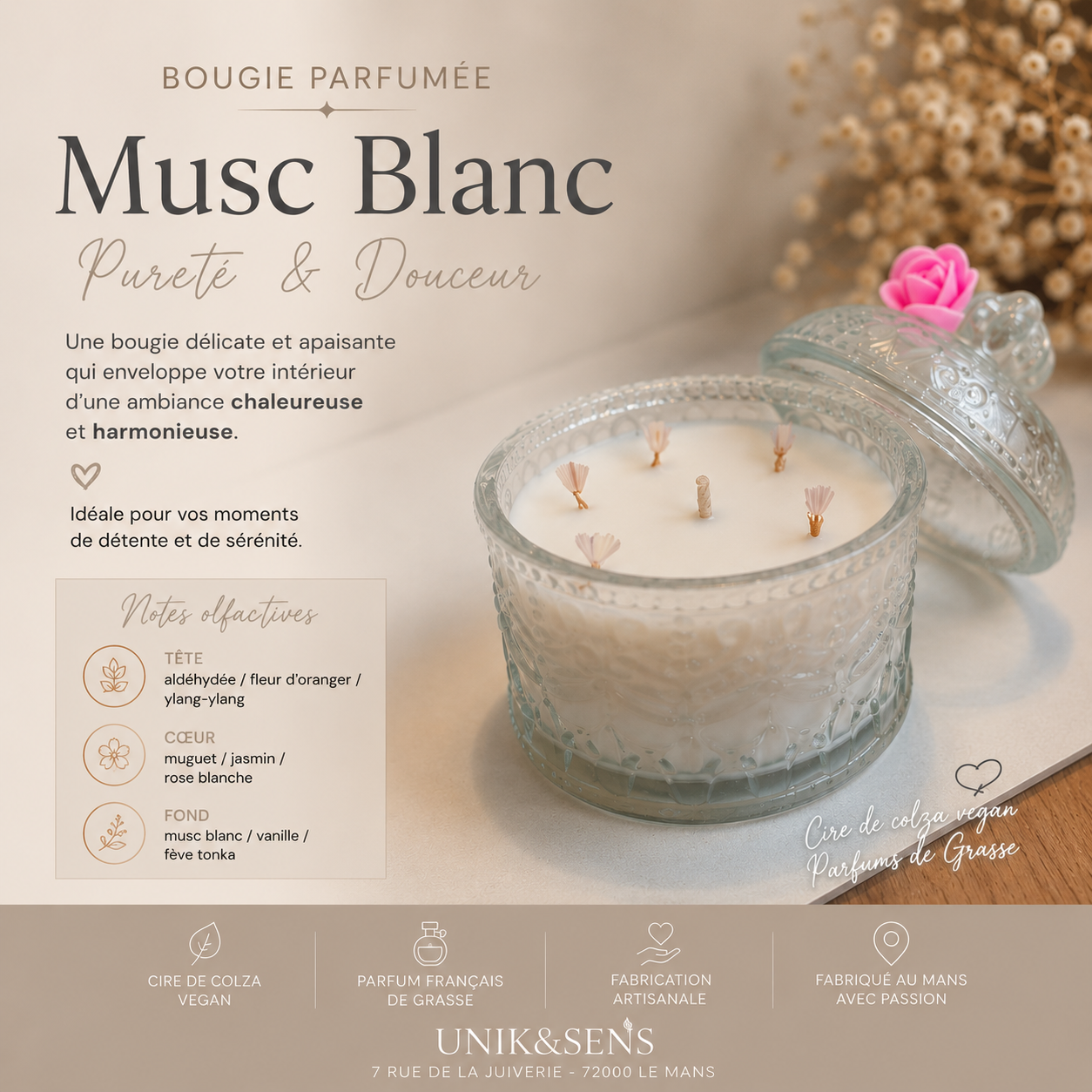 Bougie parfumée artisanale Musc Blanc Unik&Sens en cire de colza vegan avec environ 55 heures de combustion, fabriquée au Mans avec parfums de Grasse.