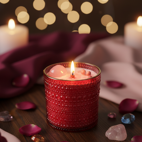 Bougie Collection Rubis Oud Unik & Sens – cire végétale artisanale avec quartz rose _ dattes oud originale
