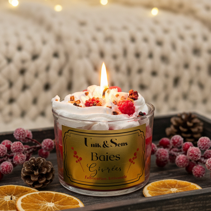 Bougie gourmande Baies Givrées Unik & Sens – cire végétale artisanale fruits rouges et baies