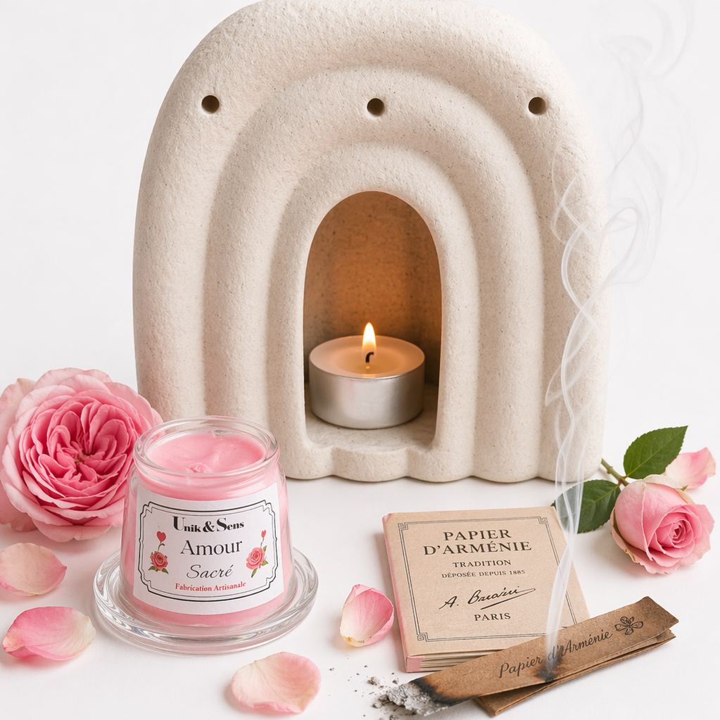 ire parfumée artisanale Unik & Sens – fondant cire végétale aux parfums de Grasse - papier d'arménie et rose 