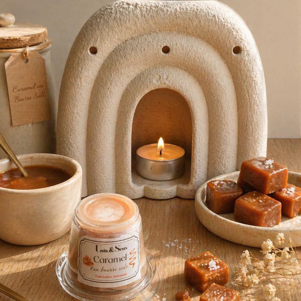 ire parfumée artisanale Unik & Sens – fondant cire végétale aux parfums de Grasse - caramel au beurre salé 