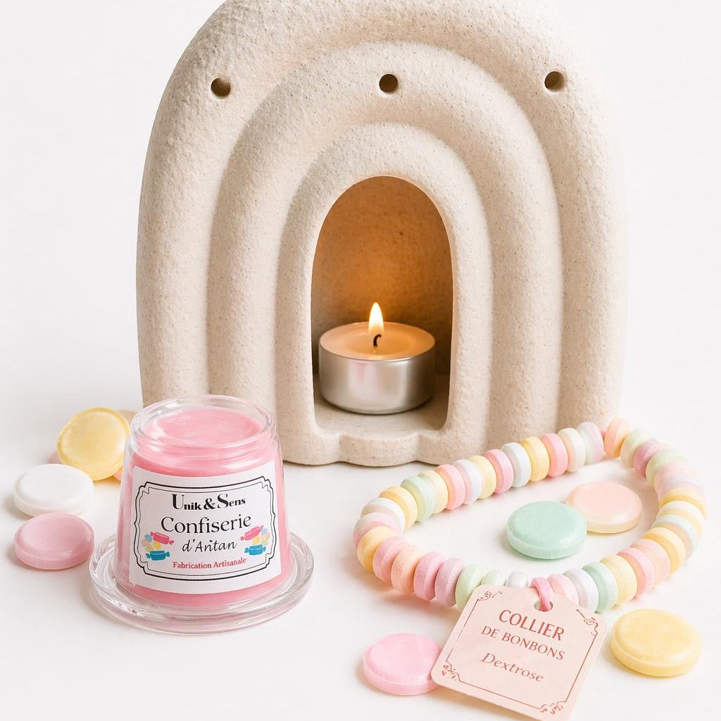 ire parfumée artisanale Unik & Sens – fondant cire végétale aux parfums de Grasse - bonbon collier sucré 