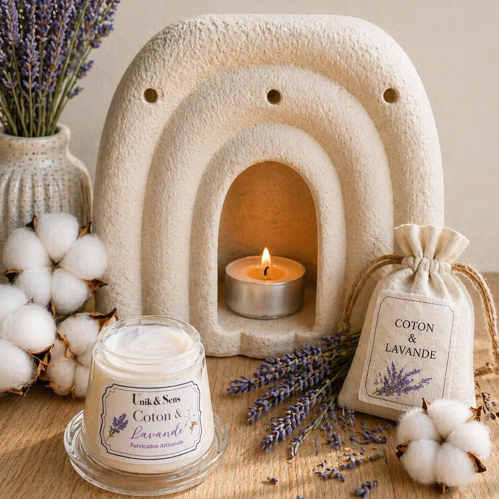 ire parfumée artisanale Unik & Sens – fondant cire végétale aux parfums de Grasse - coton propre et lavande 