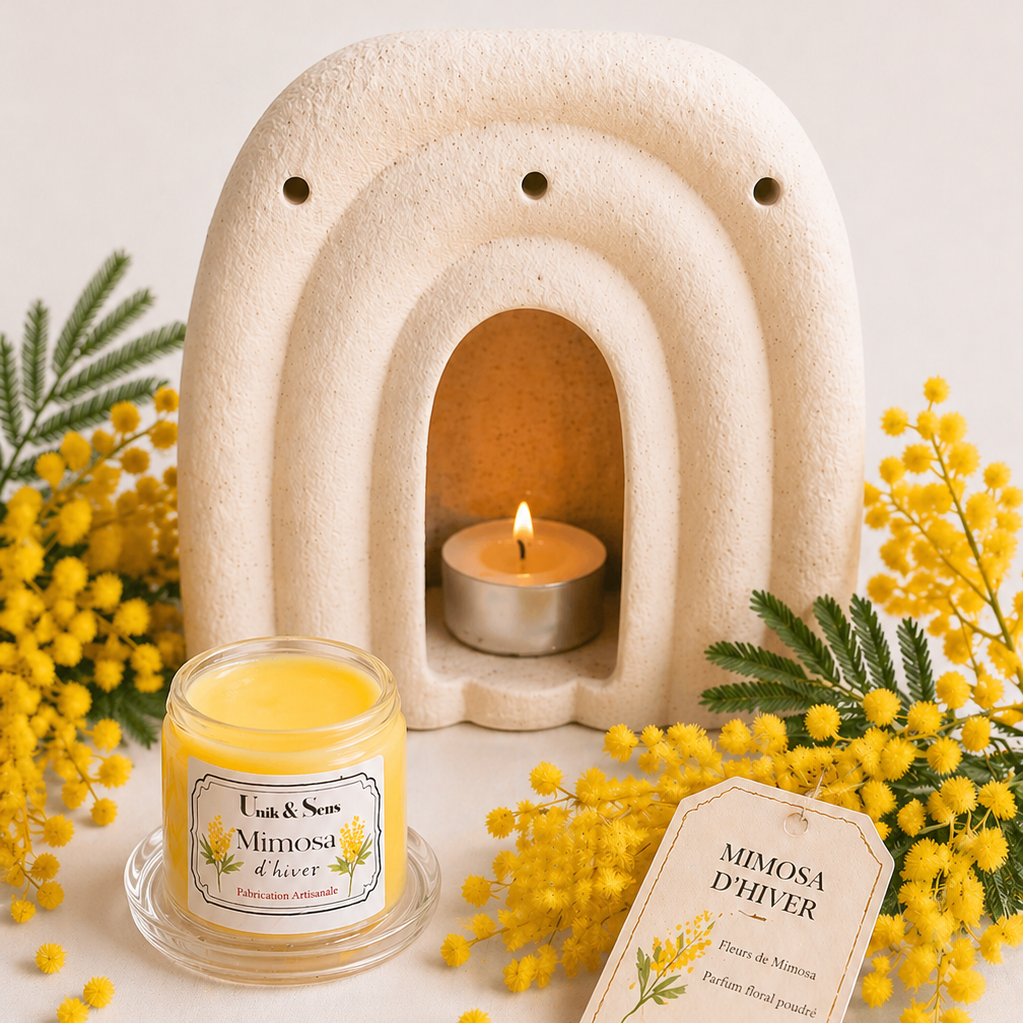 ire parfumée artisanale Unik & Sens – fondant cire végétale aux parfums de Grasse - mimosa 