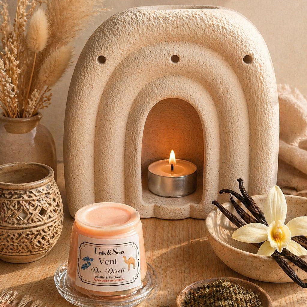 ire parfumée artisanale Unik & Sens – fondant cire végétale aux parfums de Grasse - vanille et patchouli